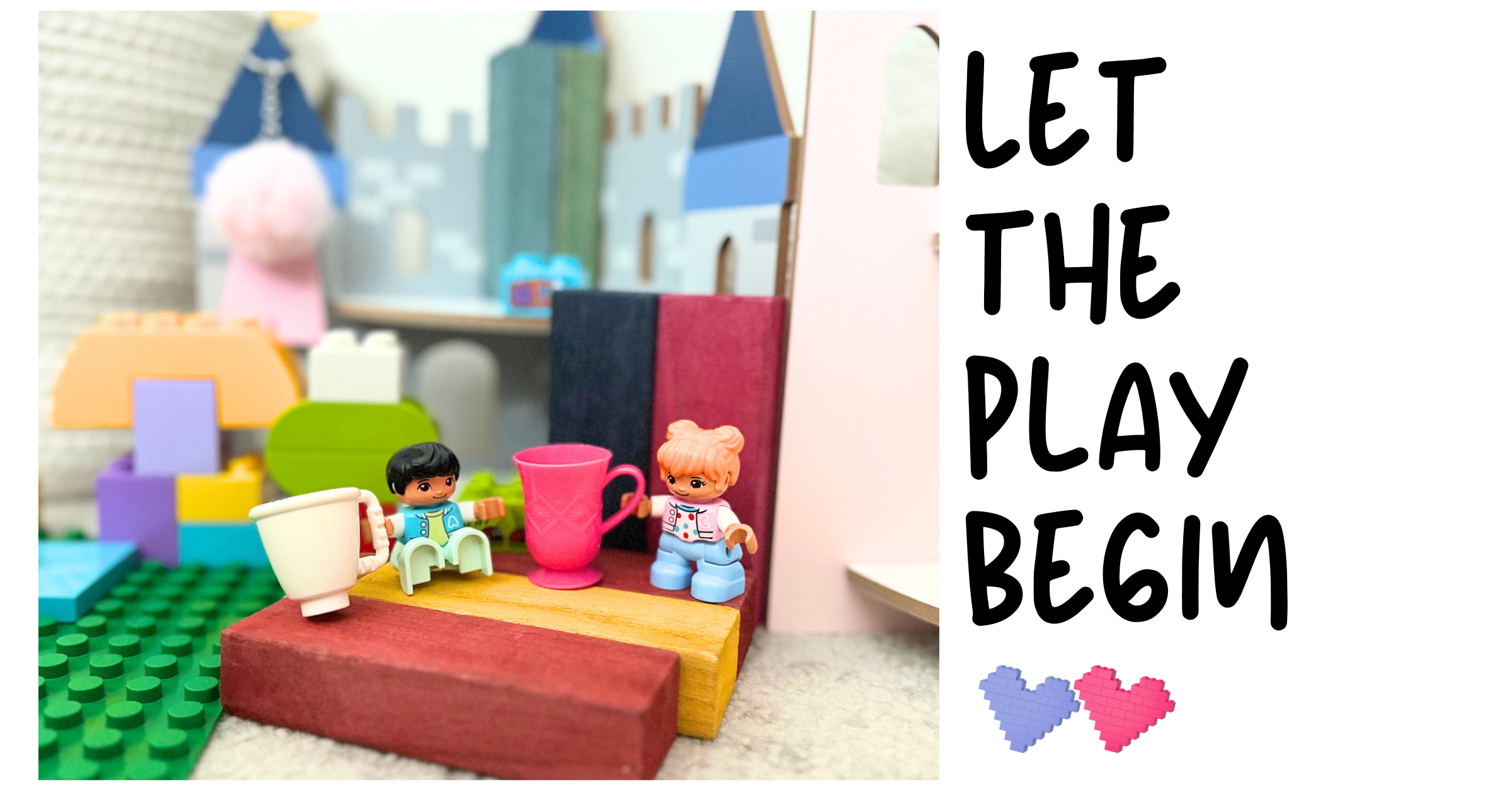 Lego Duplo girl and boy figures standing among colorful blocks, each holding a tiny coffee cup, symbolizing playful twin life, coffee rituals, and the balance between family and customer experience.