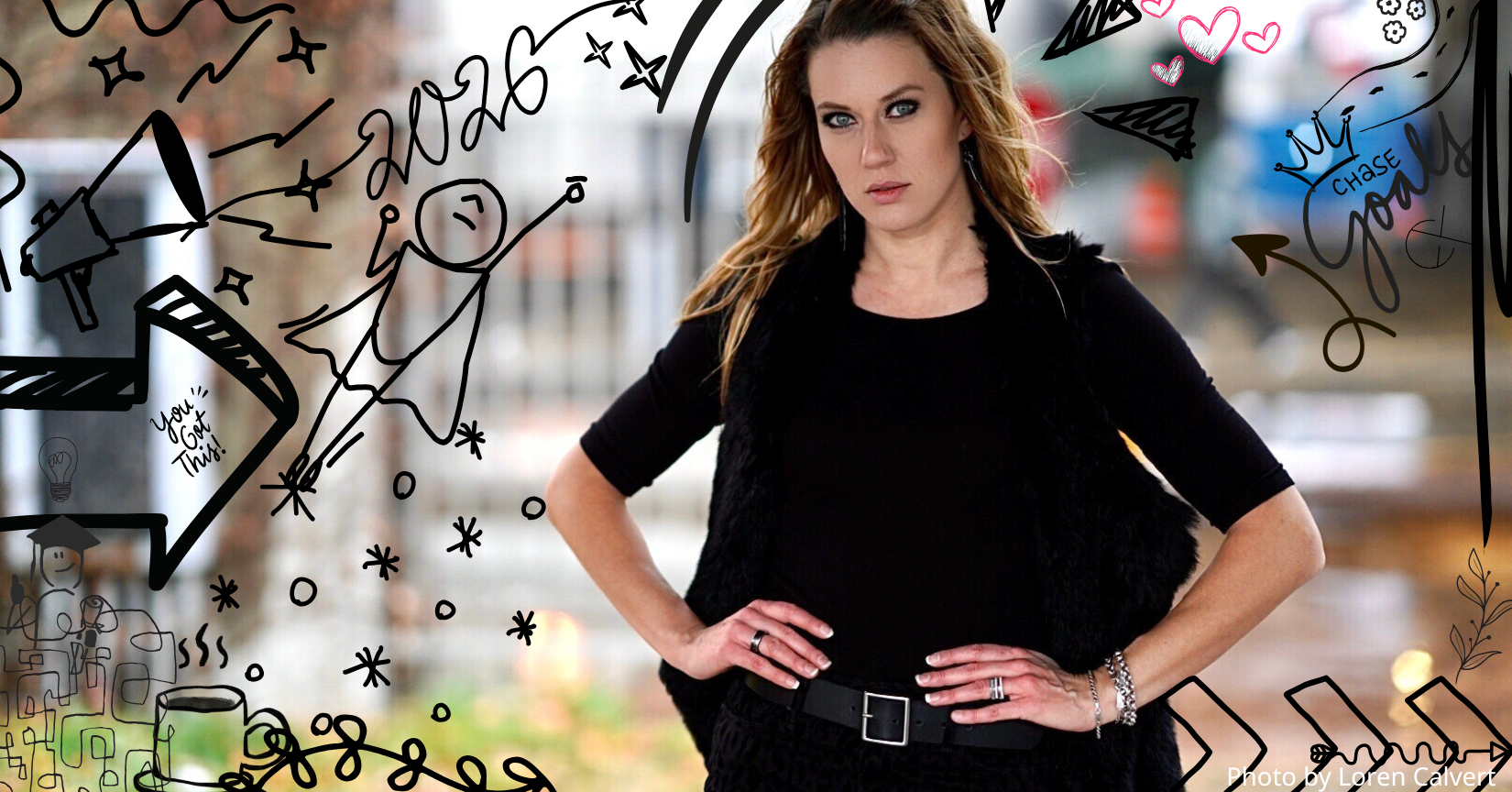 “Jonna posing hands on hips in front of doodles, symbolizing her ‘color outside the lines’ approach to customer experience and leadership.”